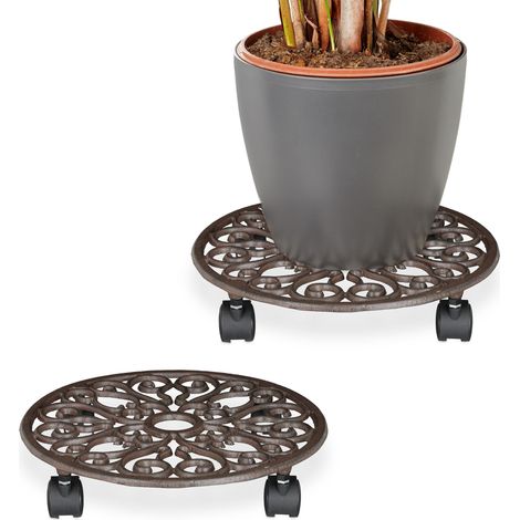 Relaxdays Sottovaso con Ruote, Carrello Portavasi Rotondo in Ghisa, Sotto Vaso Interni e Esterni, HxD 7,5x34 cm, Marrone