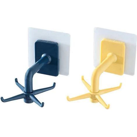 2-teilige, bohrfreie Drehhaken, 360° drehbare, selbstklebende Handtuchhaken, Küchenhelfer für Küchenschrank und Badezimmer (Blau & Gelb) (1/5)