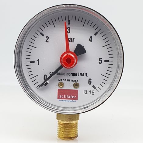Schläfer 0930164  Manometro Idraulico Verticale con Attacco Radiale 1/4" BSP, Scala 0-6 Bar, Diametro da 63mm, Ideale per Impianti Termici Aria e Acqua, Indicatore di Pressione (1/5)