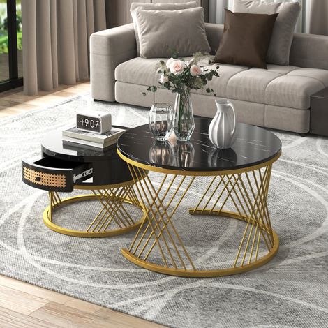 Table basse ronde 70/50 cm noire – gigogne 2 pièces avec rangement intégré (1/5)