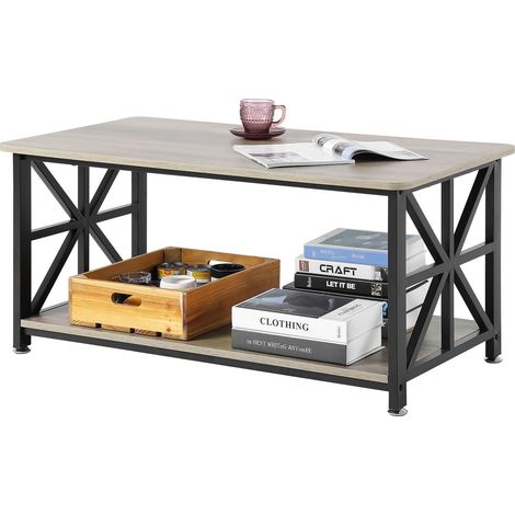 Table basse, 1000 x 500 x 465 mm, table de salon rectangulaire avec compartiment de rangement ouvert, table de cocktail rustique en bois pour salon, chambre, appartement, studio, marron et noir (1/5)