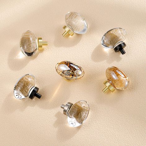 Ensemble de 8 boutons de meuble en cristal couleur champagne, boutons de meuble en verre doré, adaptés aux tiroirs de coiffeuse, poignées de meubles en laiton (de forme ovale) (1/4)