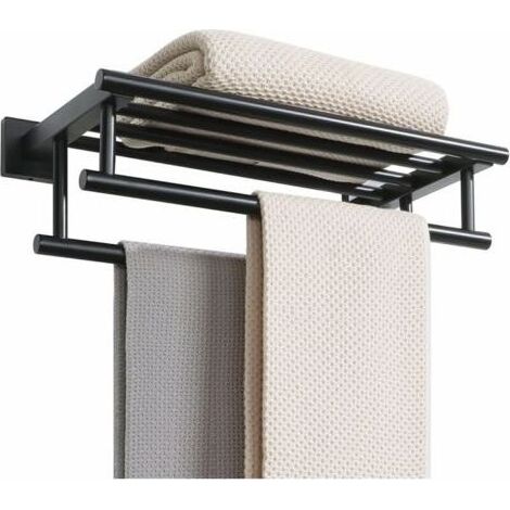 Porte-serviettes, grand porte-serviettes avec double barre porte-serviettes pour salle de bain et WC, porte-serviettes mural en acier inoxydable SUS 304 de 40 cm, noir mat (1/4)