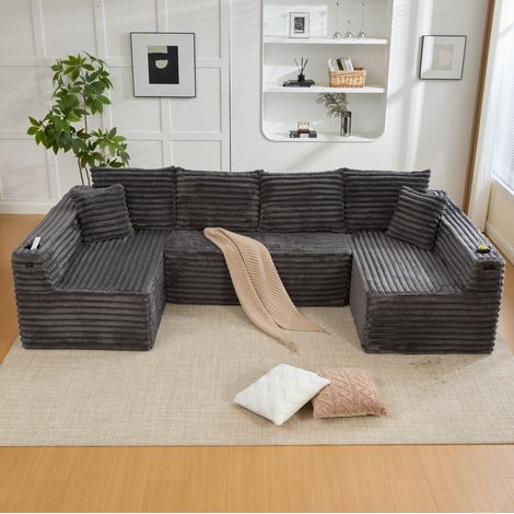 Canapé modulaire en U 320x155x88 cm gris foncé en velours côtelé avec porte-gobelet et poche latérale (1/5)