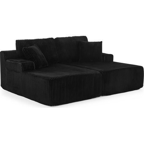 Canapé convertible 2 places avec fonction relax, canapé tissu velours côtelé doux avec poche latérale porte gobelet coussins confortable, noir (1/5)