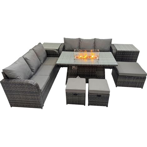 Fimous Garden Outdoor Rattan Furniture Set Rattan 3 Seater Sofa with 3 Stools 2 Side Tables Dark Grey Mixed (1/5)