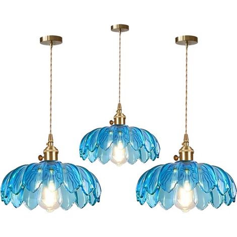 3pcs Moderne Suspension Luminaire en Verre,25cm Lampe Suspension Vintage Abat-jour en Design Fleur Bleu avec Interrupteur (1/5)