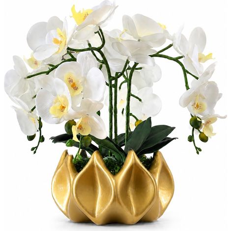 Orchidées artificielles comme de vraies - Phalaenopsis faites à la main dans un pot en céramique avec mousse naturelle - Sans entretien - Fleurs artificielles pour salon, bureau, rebord de (1/5)