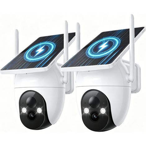 Pack de 2 Caméra de Surveillance Sans Fil Solaire WiFi Konsoefuly, 2K HD 3MP, 360° PTZ, Détection Humaine PIR et de Mouvement, Vision Nocturne, Alarme, IP65 pour Exterieur, Jardin, Maison