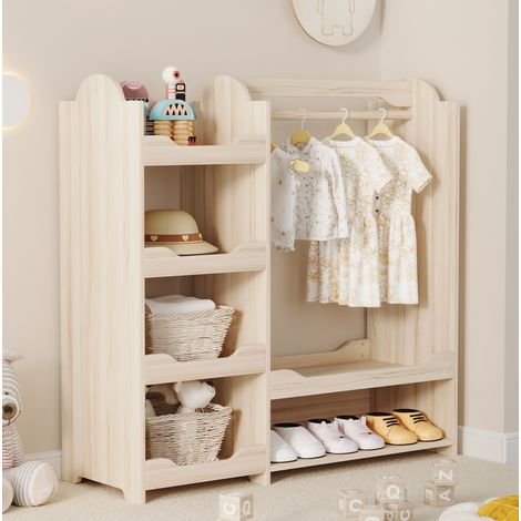 Étagère penderie pour enfant en MDF naturel avec tringle et 4 tablettes, 110 x 39 x 110 cm (1/5)
