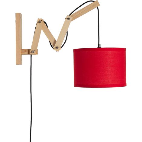 Applique murale extensible en bois avec abat-jour en tissu rouge