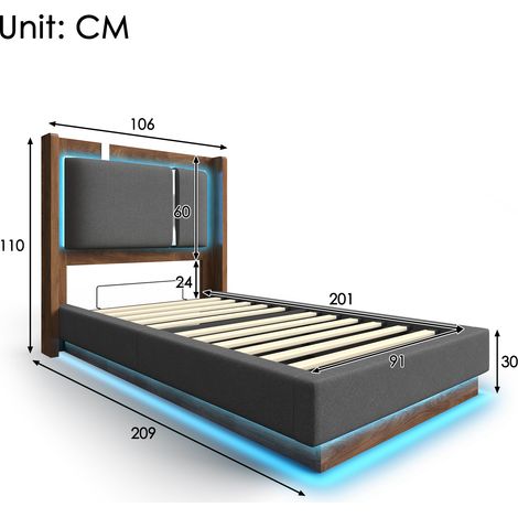 Lit enfant 90x200 cm, capitonné, avec sommier à lattes, éclairage LED et coffre de rangement, vérins hydrauliques, coloris gris lin et noyer, sans matelas (1/4)