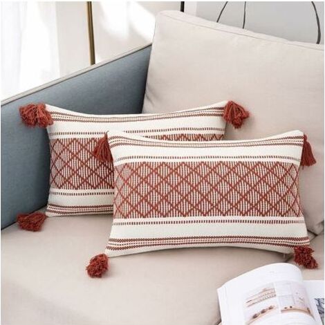 Lot de 2 Housse de Coussin Boheme Moderne Rectangulaire Taie d'oreiller Décorative Tissée Jacquard pour Salon Canapé Chambre 30 x 50 cm, Rouge et Blanc (1/4)