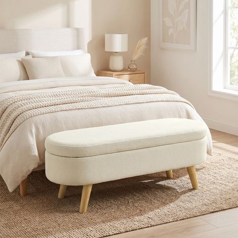 Banc Banquette, Bout de Lit, Coffre de Rangement 2 en 1 en Tissu avec Pieds en Bois, 110L x 40P x 43H cm, Crème (1/5)