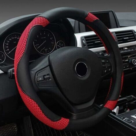 Housse de volant de voiture, housse de volant universelle en cuir PU 38CM, housse de protection de volant, protection universelle de couverture de volant souple 38CM anti-dérapant noir rouge (1/5)