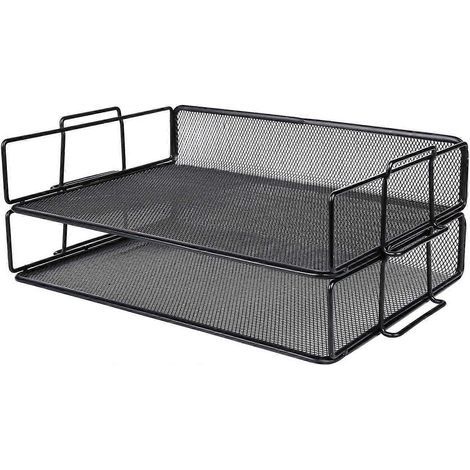Lot de 2 plateaux à courrier empilables / Trieur de documents / Organiseur de bureau - Support métallique - Bureau, école, maison - Noir (1/3)