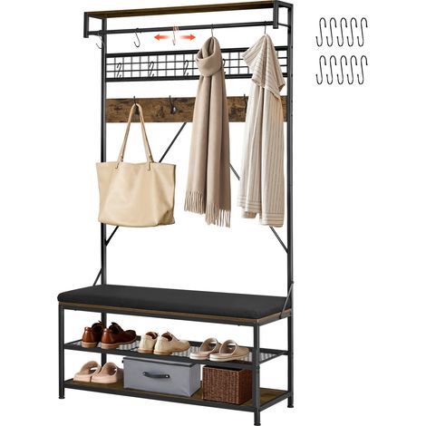 Mophorn Meuble d'entrée 183 cm, porte-manteaux avec banc à chaussures à 3 niveaux, rangement pratique pour couloir, chambre, dressing ou salon, vestiaire autoportant en acier avec crochets et tringle (1/5)