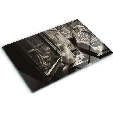 Planche de cuisine, couvre plaque, verre planche découper, verre trempé – 80 x 52 cm - Des chats à la fenêtre (1/5)