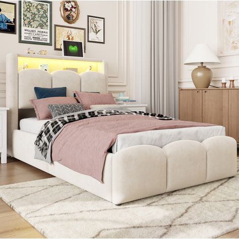 Polsterbett 90x200 cm beige mit Stauraum, LED und USB-/Typ-C-Anschlüssen (1/5)
