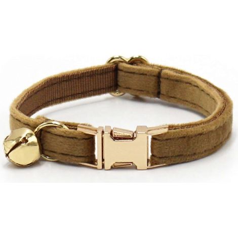 Collier chat velours camel ajustable personnalisable, plaque nominative gravée (nom + numéro tél.) + clochette (1/5)