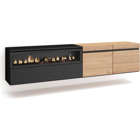 Skraut Home - Mueble TV, Televisión, Muebles de salón, almacenaje, 200x45x35cm, Para TV hasta 80", Chimenea eléctrica, Colgado, Suspendido, Estilo Moderno, Roble y negro (1/5)