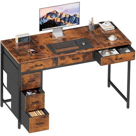 EcoFurnix Bureau gaming 6 fabric drawers 120 x 50 cm – Space-saving computer table for office, bedroom or living room – Brown