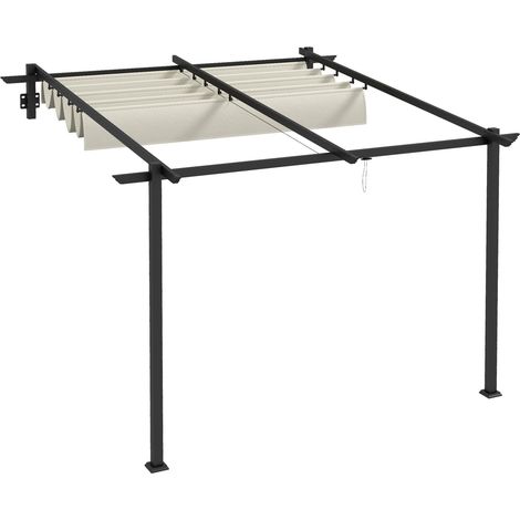 Pavillon Ca. 3 X 3 M Pergola Winddichte Terassenüberdachung, Terrassendach Wandmontage, Verstellbares Dach, Für Garten, Terrasse, Creme
