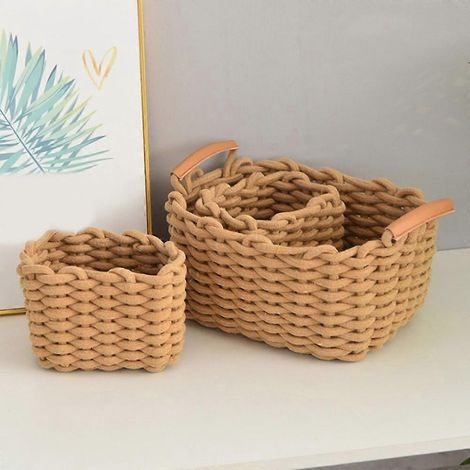 Lot de 3 paniers de rangement gigognes en corde de coton tressée, couleur kaki, boîte de rangement décorative avec poignées (1/5)