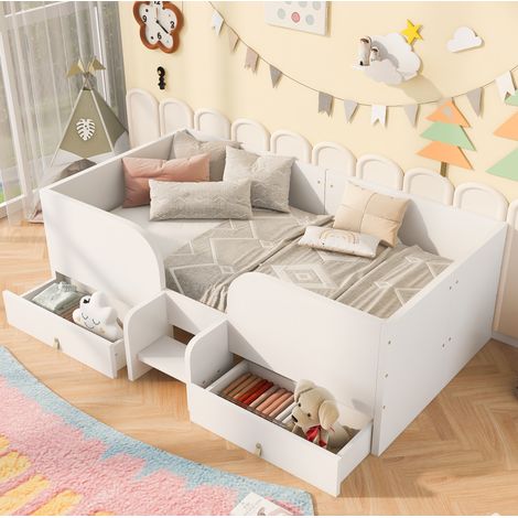Lit enfant 90x200 cm avec 2 grands tiroirs, marche de sécurité et barrières hautes, MDF blanc gain de place (1/5)