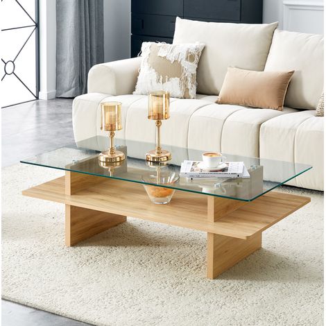 Couchtisch 2 Ebenen mit Glasplatte und MDF Ablage Holz OKMYHOME (1/5)
