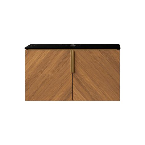 Plan de travail et meuble ARAI de 76 cm en pierre frittée noire, sans lavabo, sans robinet ni évacuation, aspect chêne brun
