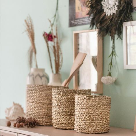 Petit Panier Rond en Jonc de Mer Tressé - Cache-Pot Décoratif et Rangement Bohème - PANGIVO