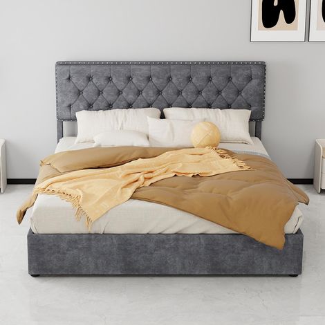 Lit moderne minimaliste et moelleux, tête de lit confortable et douce, 160200CM, gris, meuble de chambre multifonctionnel, cadre de lit coffre haut avec vérin hydraulique, matelas non inclus.