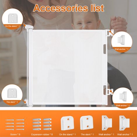 Barrière de sécurité rétractable pour enfants et animaux domestiques, idéale pour les escaliers, les portes et les couloirs, en intérieur comme en extérieur. (1/5)