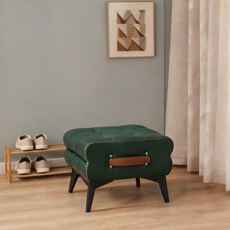 Pouf rectangle vert en simili cuir avec pieds métal 43 x 33 x 30 (1/5)