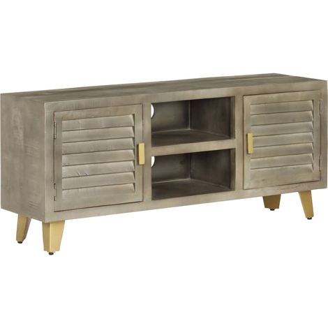 Meuble TV  Banc TV  Armoire TV Bois solide de manguier Gris avec laiton 110x30x48 cm