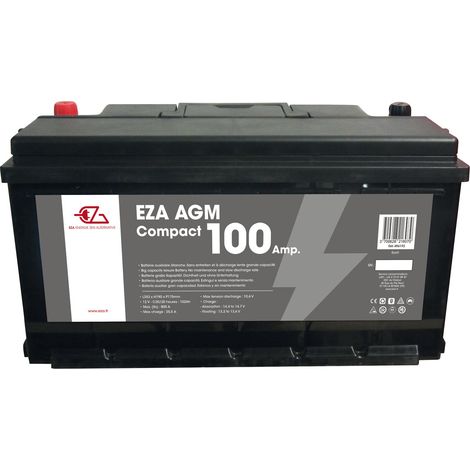 Batterie auxiliaire AGM 100Ah étanche – Décharge jusqu'à 80% – Tension 13.5V – Installation intérieure – Dimensions 353x175x189.5mm – EZA