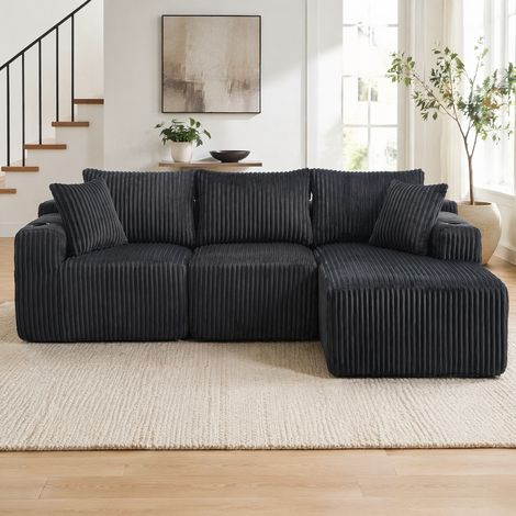 Canapé con méridienne modulare in velluto a coste grigio 257x90-160x62 cm con 5 cuscini e portabicchieri (1/5)