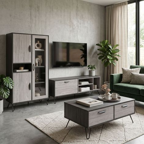 Ensemble meuble TV 150cm + table Basse + argentier bois grisé et noir - BROOKLYN (1/5)