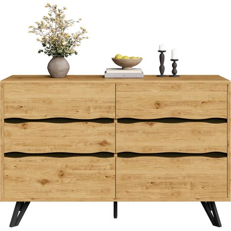 Buffet 6 Tiroirs Meuble de Rangement Commode Effet Bois et Pieds Métal Noir 120 x 40 x 75,5 cm pour Salon Salle à Manger (1/5)