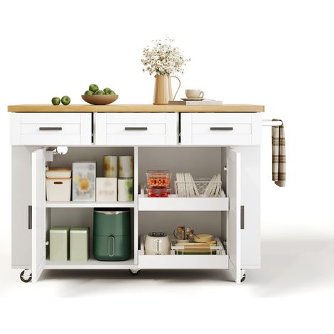 Îlot de Cuisine Mobile avec Plan de Travail Pliable, Chariot de Cuisine MDF avec Prises Électriques et Tiroirs, 120x45x84cm (1/5)