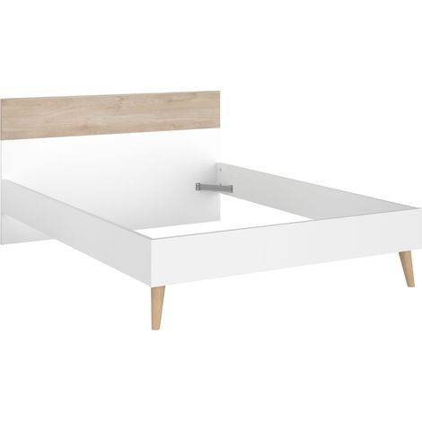 Lit 140x190 cadre blanc et tête de lit avec bandeau finition aspect bois - BORGALL (1/5)
