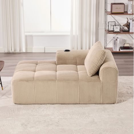 Divano chaise longue 158x93x61 cm kaki in velluto a coste con tasche laterali e portabicchieri (1/5)