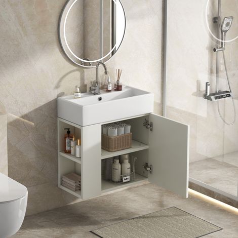Meuble salle de bain lavabo avec meuble sous vasque suspendu blanc 55 cm, petit meuble vasque suspendu pour invités, rangement salle d'eau moderne (1/5)