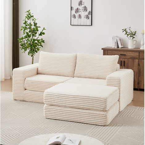 Divano Letto Modulare con poggiapiedi mobile, trasformabile in letto, in tessuto a coste beige con braccioli squadrati (1/5)