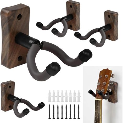 Lot de 4 Supports Muraux en Bois de Noyer Noir pour Guitare Support Mmural pour Guitare et Basses avec Bras Pivotant à 360° et Patin en Caoutchouc Porte Guitare Mural Noyer pour Salon, Studio (1/5)
