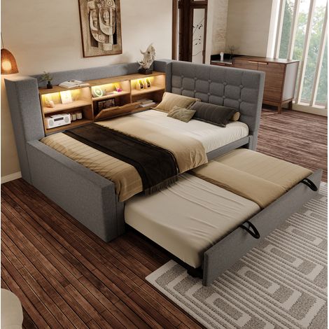 Lit capitonné 90x200 cm gris en lin et métal, gigogne 90x190 cm, tête de lit en L avec LED et USB