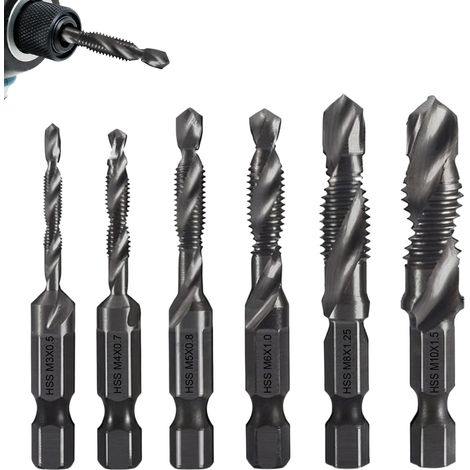 Lot de 6 Forets et Tarauds Combinés, M3 M4 M5 M6 M8 M10 Foret Taraudeur Tige Hexagonale 6 mm Revêtement Antirouille pour Perçage Taraudage Simultané (1/5)