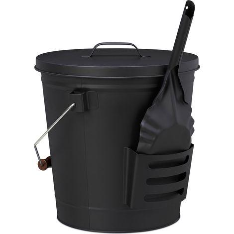 Relaxdays Secchio Raccogli Cenere con Coperchio e Paletta, Acciaio, con Impugnatura, 19 l, per Camino & Grill, Nero (1/5)