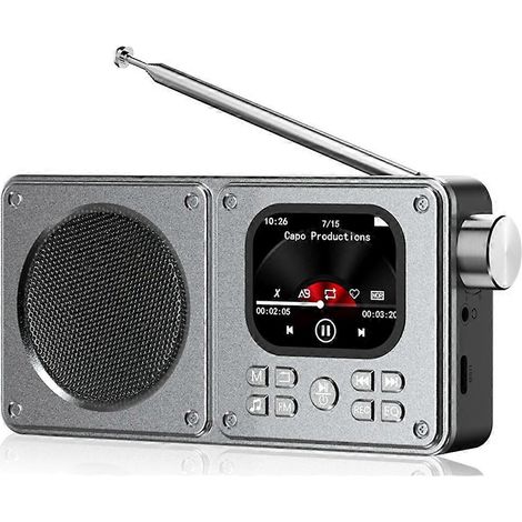 Mini radio-réveil FM portable avec enregistreur, écran IPS 2 pouces, lecteur MP3 et vidéo, haut-parleur Bluetooth et carte mémoire. (1/5)